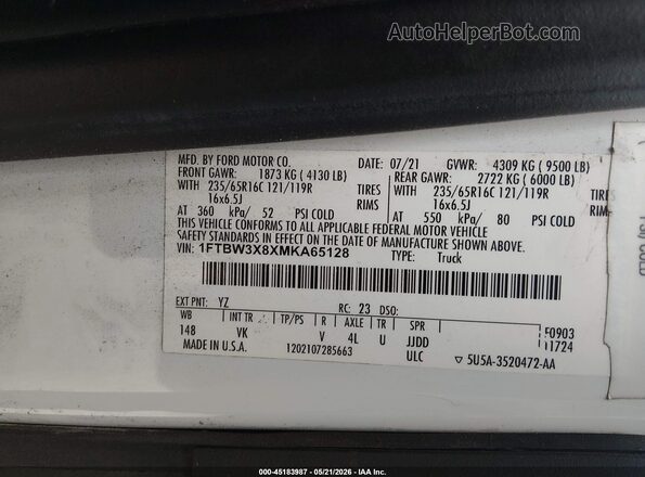 1FTBW3X8XMKA65128 2021 FORD TRANSIT-350 White Շարժիչի բաժամունքի տեսք