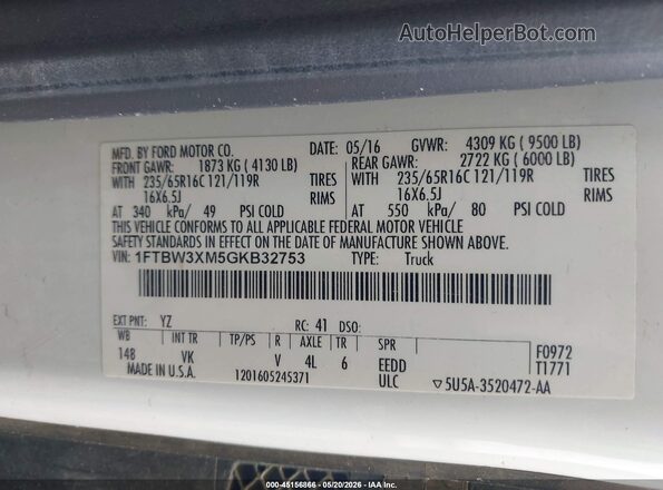 1FTBW3XM5GKB32753 2016 FORD TRANSIT-350 White Widok komory silnika