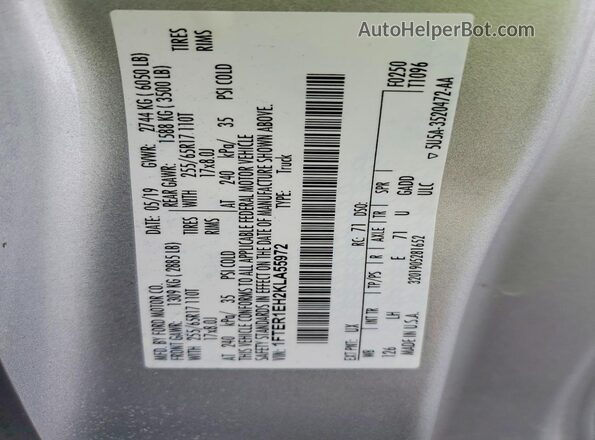 1FTER1EH2KLA55972 2019 FORD RANG Silver Vista del compartimento del motor