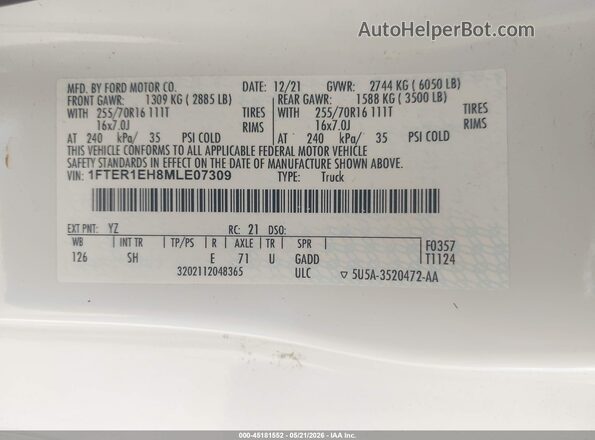 1FTER1EH8MLE07309 2021 FORD RANGER White ძრავის განყოფილების ხედი