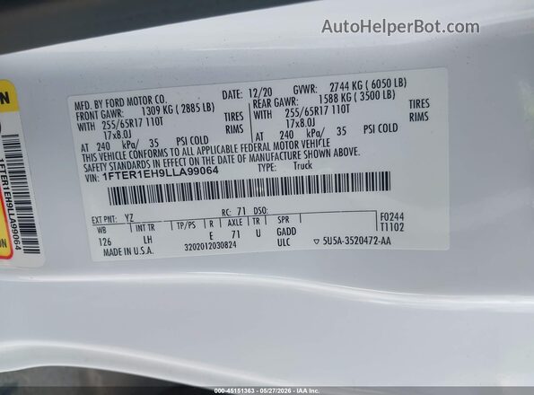 1FTER1EH9LLA99064 2020 FORD RANGER White Vista del compartimento del motor