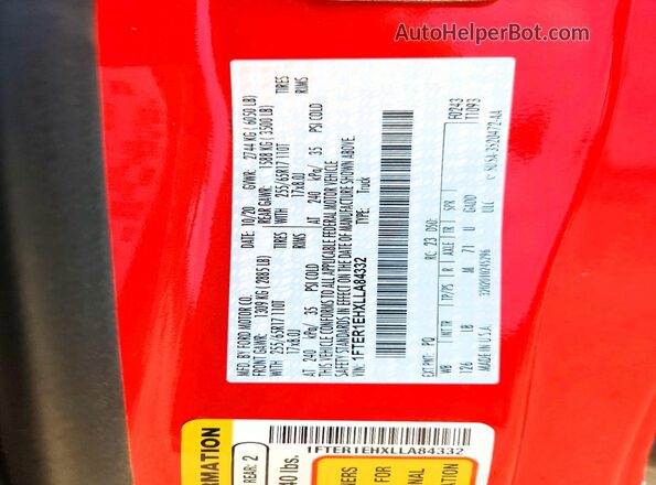 1FTER1EHXLLA84332 2020 FORD RANGER Red VIN კოდის სტიკერის ხედი