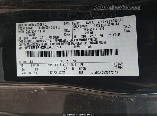 1FTER1FH2KLA63391 2019 FORD RANGER Black Вид підкапотного простору