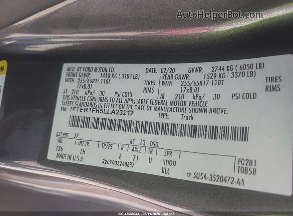 1FTER1FH5LLA23212 2020 FORD RANG Beige Շարժիչի բաժամունքի տեսք