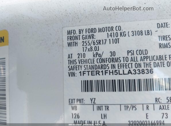 1FTER1FH5LLA33836 2020 FORD RANGER White Widok komory silnika