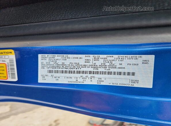 1FTER1FH7NLD01417 2022 FORD RANGER Blue Vista del compartimento del motor