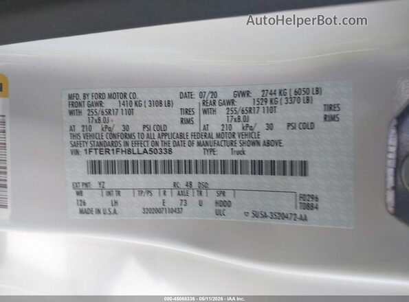 1FTER1FH8LLA50338 2020 FORD RANG White Widok komory silnika