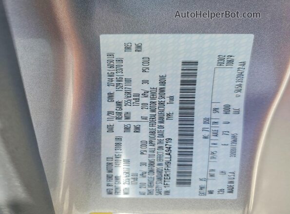 1FTER1FH9LLA94719 2020 FORD RANGER Silver Widok naklejki z numerem VIN