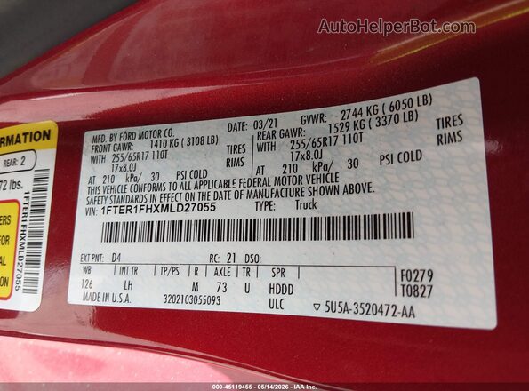1FTER1FHXMLD27055 2021 FORD RANGER Red Вид підкапотного простору