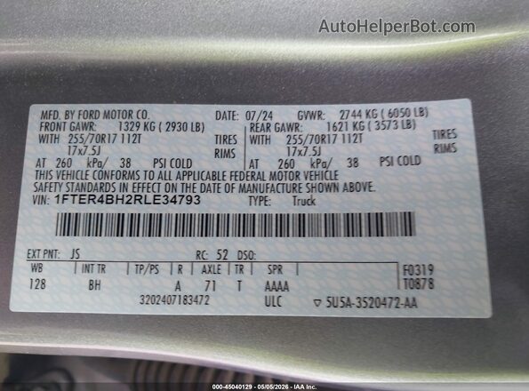 1FTER4BH2RLE34793 2024 FORD RANG Silver Շարժիչի բաժամունքի տեսք
