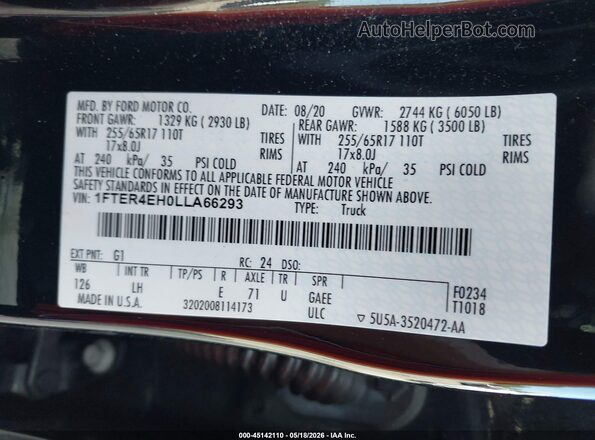 1FTER4EH0LLA66293 2020 FORD RANGER Черный Вид подкапотного пространства