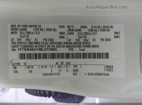 1FTER4EH1MLD72985 2021 FORD RANGER White ძრავის განყოფილების ხედი