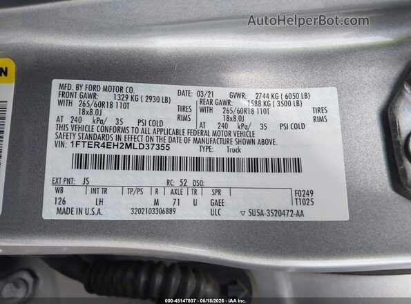 1FTER4EH2MLD37355 2021 FORD RANGER Silver 