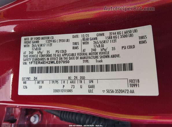 1FTER4EH2MLE07050 2021 FORD RANGER Red 