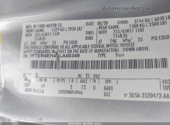 1FTER4EH4LLA60349 2020 FORD RANGER Silver Engine compartment view