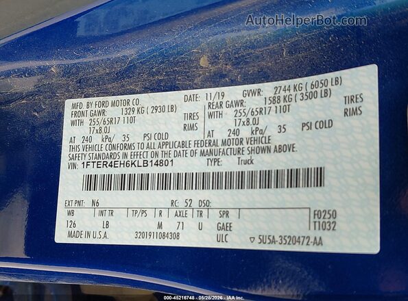 1FTER4EH6KLB14801 2019 FORD RANGER Синий Вид подкапотного пространства