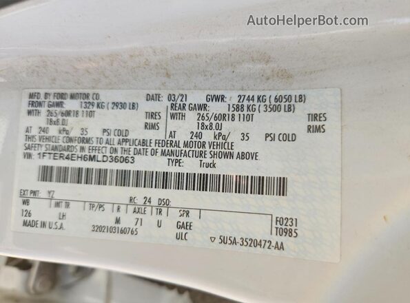 1FTER4EH6MLD36063 2021 FORD RANGER White Widok komory silnika
