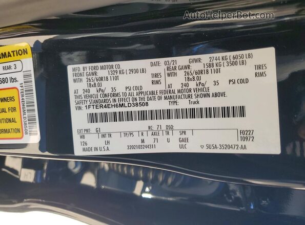 1FTER4EH6MLD38508 2021 FORD RANGER Black VIN კოდის სტიკერის ხედი