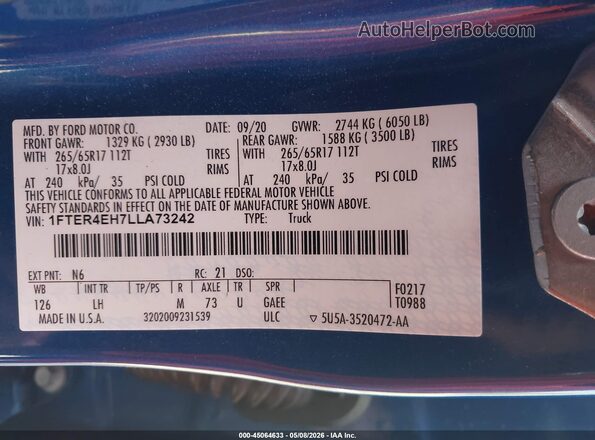 1FTER4EH7LLA73242 2020 FORD RANG Синий Вид подкапотного пространства