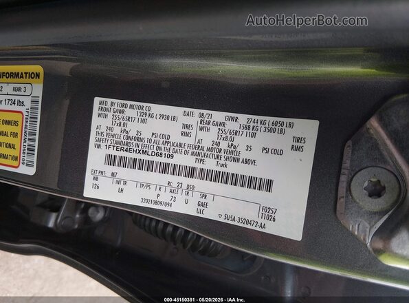 1FTER4EHXMLD68109 2021 FORD RANGER Gray ძრავის განყოფილების ხედი