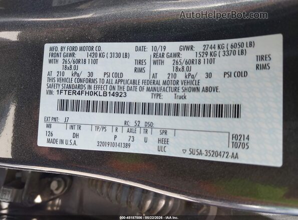 1FTER4FH0KLB14923 2019 FORD RANGER Gray Vista del compartimento del motor