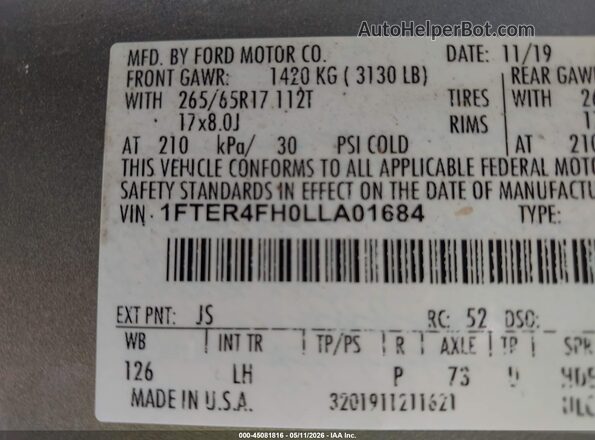 1FTER4FH0LLA01684 2020 FORD RANG Серебряный Вид подкапотного пространства