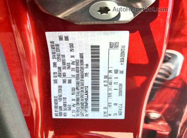 1FTER4FH0LLA54112 2020 FORD RANGER Red Widok komory silnika