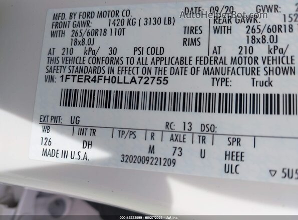 1FTER4FH0LLA72755 2020 FORD RANGER White Вид підкапотного простору