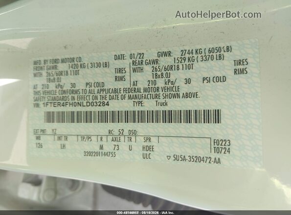1FTER4FH0NLD03284 2022 FORD RANGER White Շարժիչի բաժամունքի տեսք