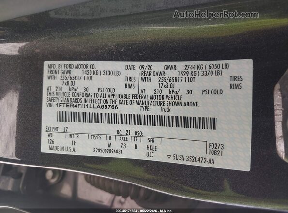 1FTER4FH1LLA69766 2020 FORD RANGER Gray Շարժիչի բաժամունքի տեսք