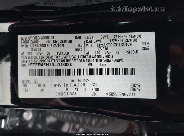 1FTER4FH1NLD13628 2022 FORD RANGER Black Vista del compartimento del motor