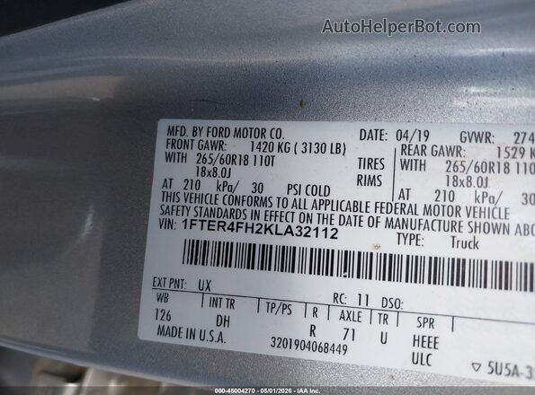 1FTER4FH2KLA32112 2019 FORD RANG Silver Շարժիչի բաժամունքի տեսք