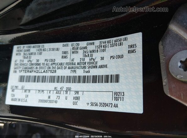 1FTER4FH2LLA57528 2020 FORD RANGER Black Widok komory silnika