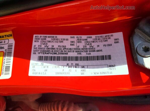 1FTER4FH2MLD56048 2021 FORD RANGER Red Շարժիչի բաժամունքի տեսք