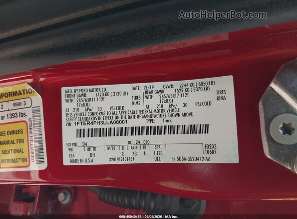 1FTER4FH3LLA08001 2020 FORD RANG Red 