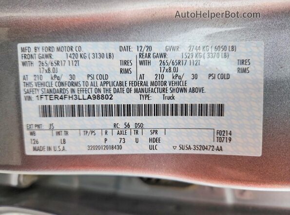1FTER4FH3LLA98802 2020 FORD RANGER Silver 