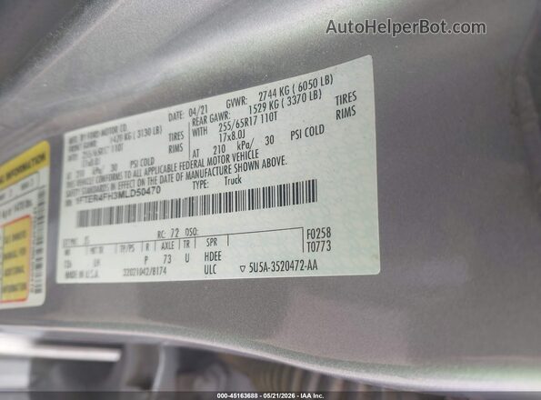 1FTER4FH3MLD50470 2021 FORD RANGER Gray Vista del compartimento del motor