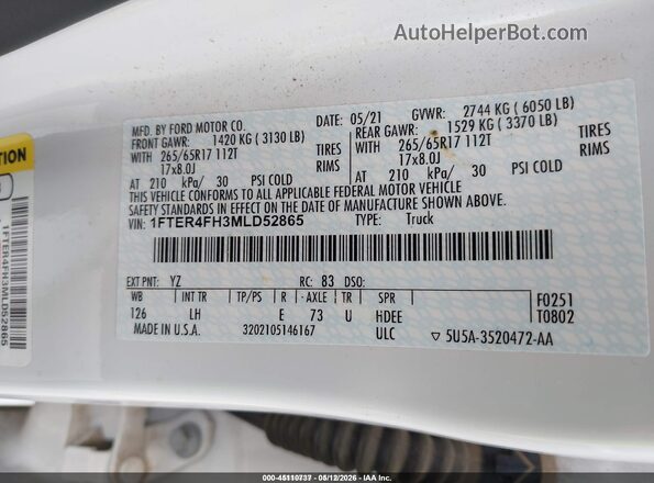 1FTER4FH3MLD52865 2021 FORD RANGER White Widok komory silnika