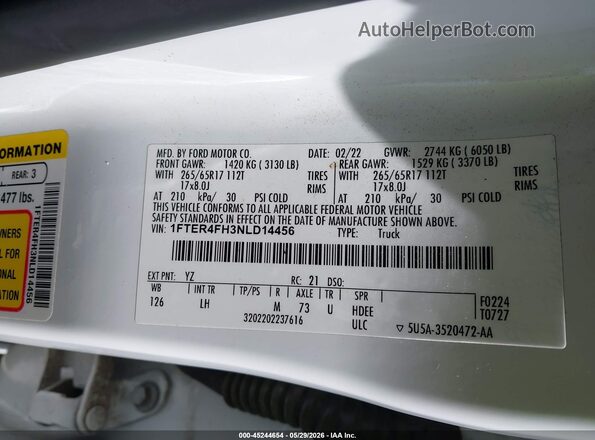 1FTER4FH3NLD14456 2022 FORD RANGER Белый 