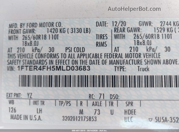 1FTER4FH5MLD03683 2021 FORD RANGER White Вид підкапотного простору
