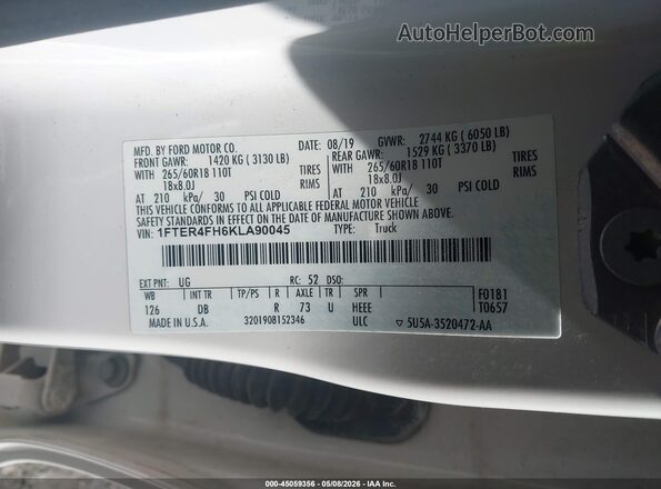 1FTER4FH6KLA90045 2019 FORD RANG Белый Вид подкапотного пространства