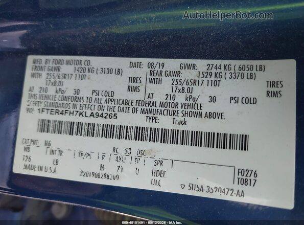 1FTER4FH7KLA94265 2019 FORD RANGER Blue Engine compartment view