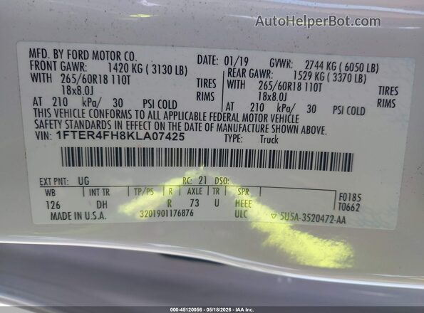 1FTER4FH8KLA07425 2019 FORD RANGER Белый Вид подкапотного пространства