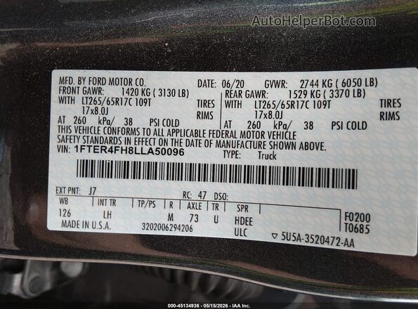 1FTER4FH8LLA50096 2020 FORD RANGER Gray Вид підкапотного простору