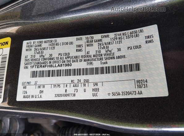 1FTER4FH8LLA81980 2020 FORD RANGER Серый Вид подкапотного пространства