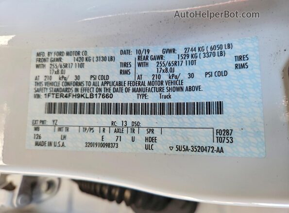 1FTER4FH9KLB17660 2019 FORD RANGER Белый Вид подкапотного пространства