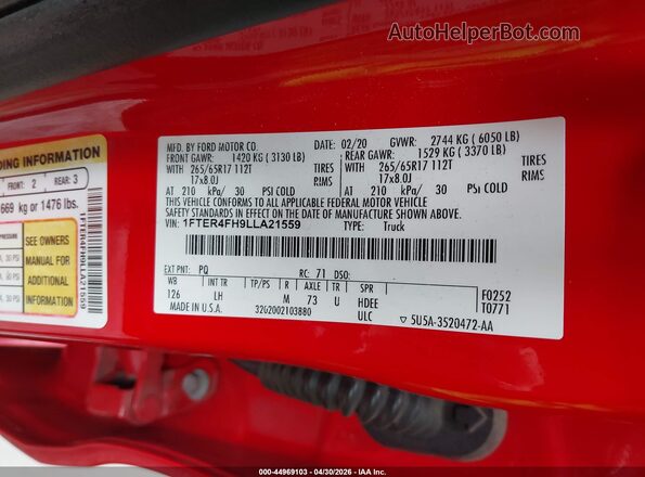 1FTER4FH9LLA21559 2020 FORD RANG Red Widok komory silnika