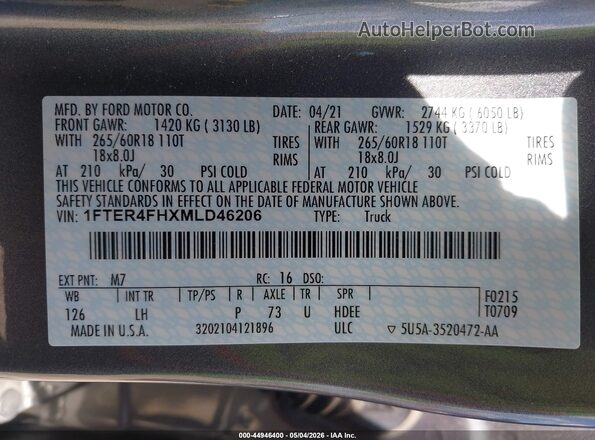 1FTER4FHXMLD46206 2021 FORD RANG Gray 
