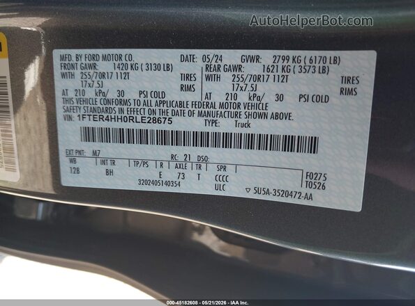 1FTER4HH0RLE28675 2024 FORD RANGER Gray Vista del compartimento del motor