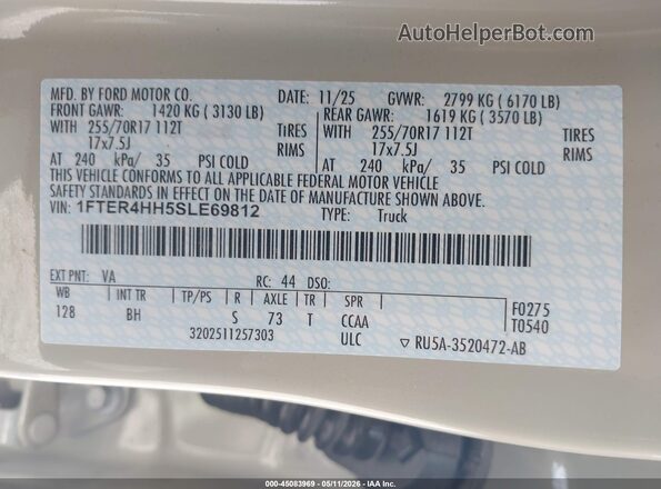 1FTER4HH5SLE69812 2025 FORD RANG Cream Շարժիչի բաժամունքի տեսք